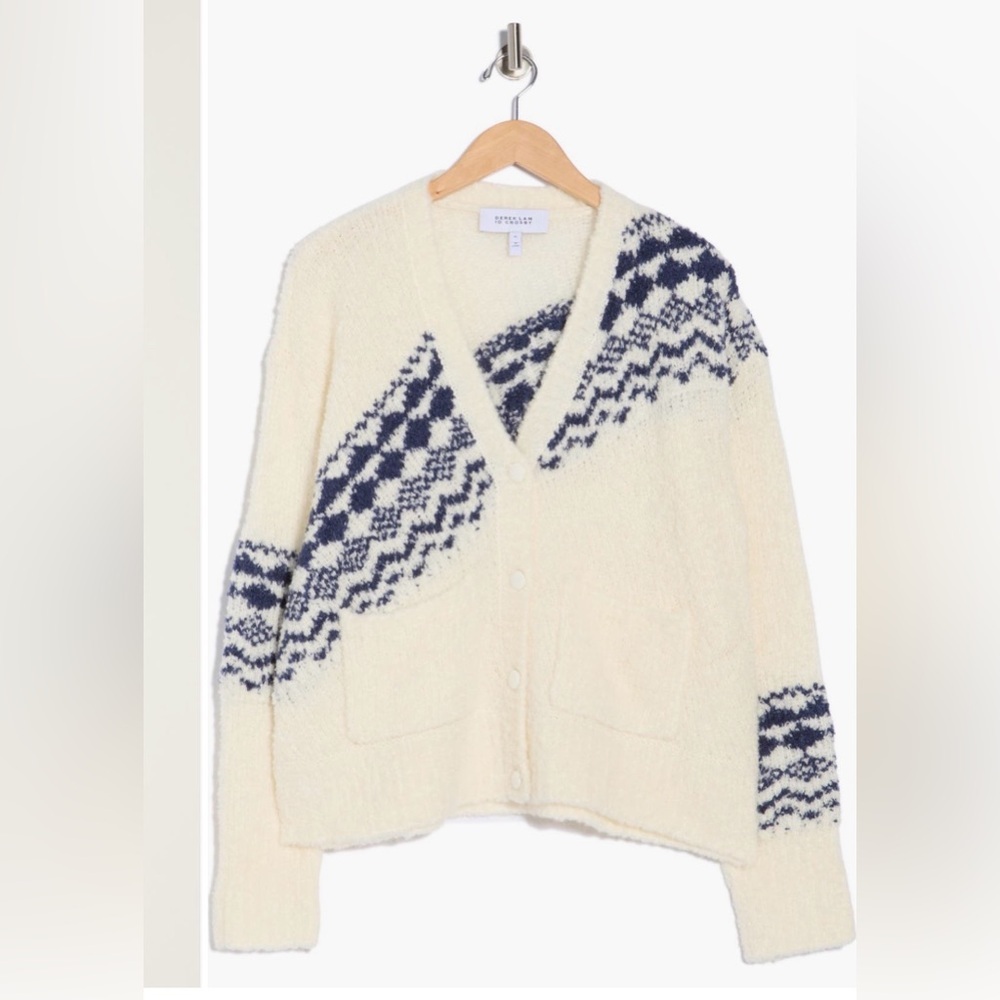NWT Derek Lam 10 Crosby Womens Bette Fair Isle Cardigan XL White Navy Modern Lux - Picture 1 of 12
